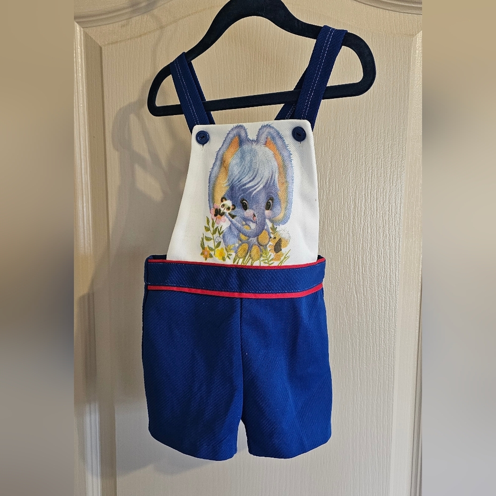 Vintage 1970's Play Town 2T Blue Overall Romper One Piece Featuring An Elephant